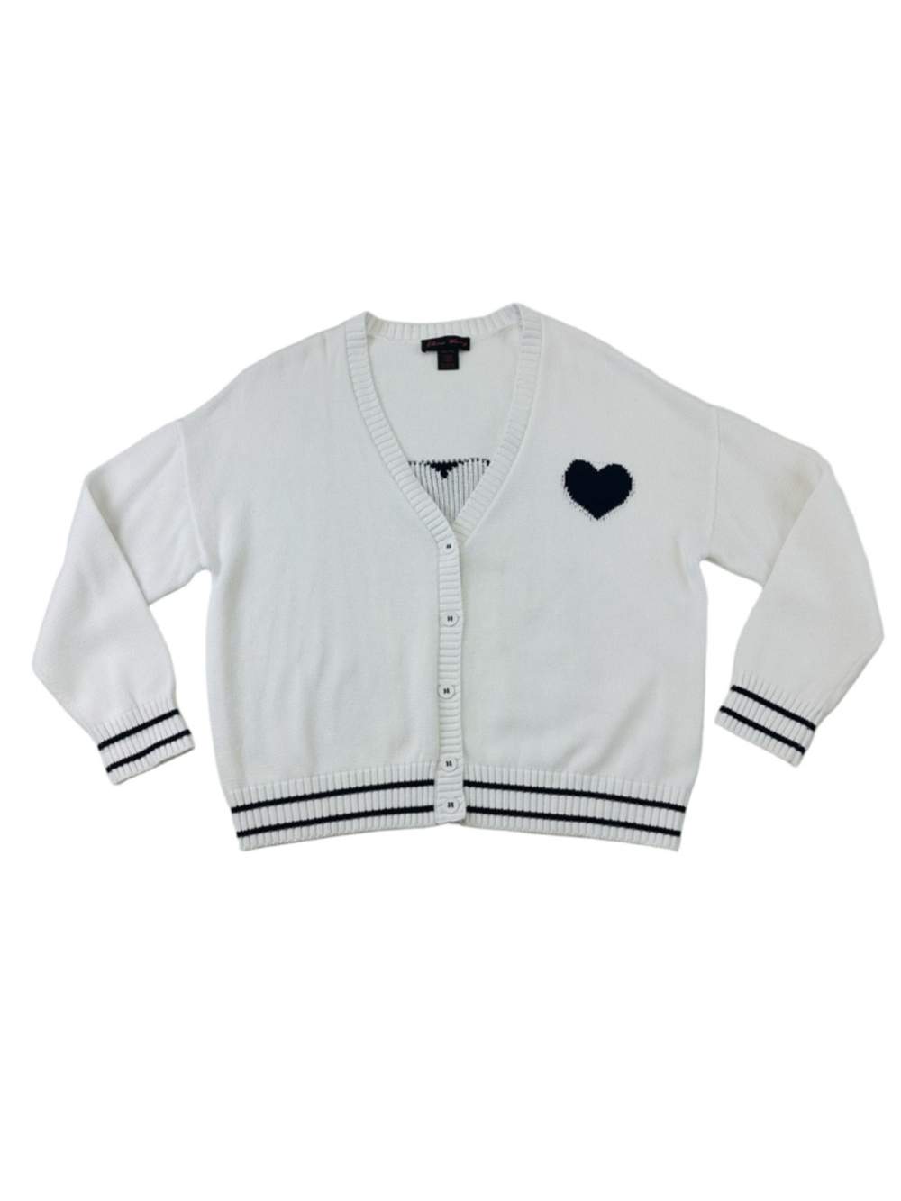 Elena Wang cotton heart cardigan XXL NWOT Vneck nautical sporty stripe sweater